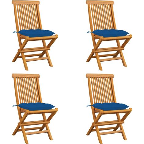 Lot de 4 Chaises de jardin avec coussins bleu - Chaise d'extérieur pour terrasse/jardin Bois de teck massif BV925206 - BonneVie (1/5)