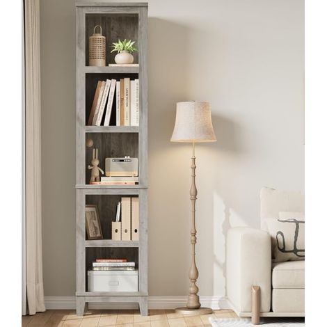 Bibliothèque étroite à 5 étagères, structure robuste, montage et nettoyage faciles, design intemporel pour petits espaces, 71 pouces, gris vintage (1/5)