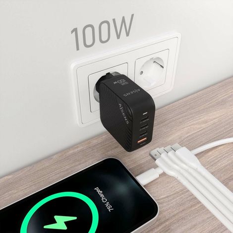 AISENS - CARGADOR GaN 100W, 3xUSB-C PD3.0 QC4.0, 1xUSB-A QC3.0, NEGRO (1/2)