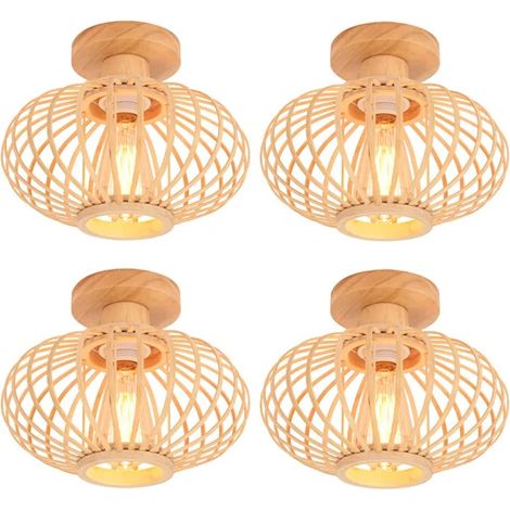 4pcs Plafonnier Vintage en Bambou,Lampe de Plafond Bois Rétro Ø25cm Abat-jour Design Lanterne Lustre Boho pour Salon Chambre (1/5)
