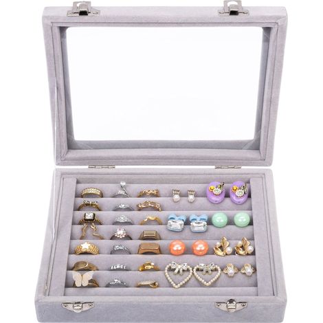 Boite Vitrée de Rangement Bague en Velours Gris avec 7 Sections - Boite pour Bague, Boutons de Manchette et Boucles d’Oreilles (1/5)