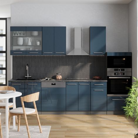 Cuisine Fame-Line, Bleu foncé brillant/Anthracite, 300 cm avec armoire haute, PT Anthracite, Vicco