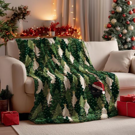 Couverture polaire douce et moelleuse 50x60 cm, motif sapin de Noël vert et chat des neiges, idéale pour décorer canapé, lit et se détendre. Un cadeau parfait  (1/5)