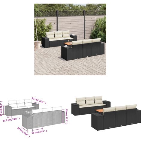 Salon de jardin 7 pcs avec coussins noir résine tressée - Ensemble Salon De Jardin - Meuble Extérieur - Résine Tressée - Rotin Synthétique - Fauteuil Jardin - Home & Living (1/3)
