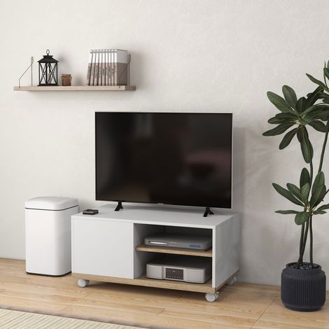 TV-Ständer mit Rollen, Wohnzimmermöbel, Tisch für 42-Zoll-Fernseher mit Tür und 2 Ablagen, 80 x 45 x 41 cm, Weiß