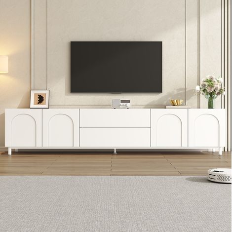 Mobile TV bianco 180 x 40 x 48 cm con 4 ante e 2 cassetti, piedi in tubo d'acciaio HAVRYA (1/5)