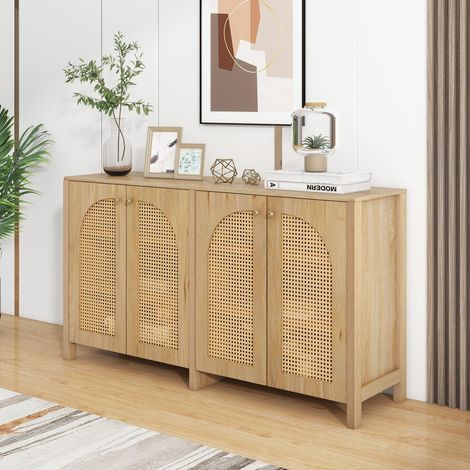 Buffet 4 portes 145x40x80 cm effet bois et cannage naturel (1/5)