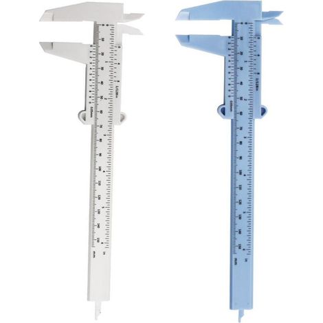 Fonepro 2Pcs 6 pouces 150 mm Mini pied à coulisse en plastique à double échelle pied à coulisse, outil de mesure de pied à coulisse, pour menuiserie, étudiant, mesure de bijoux, etc, blanc et bleu, (1/5)