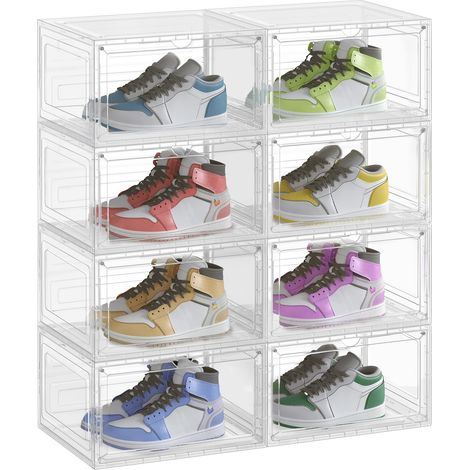 Boîtes à Chaussures Lot de 8, Rangement pour Chaussures, en Plastique, avec Porte, Empilable, 33 x 28,5 x 19,2 cm, jusqu'à la Pointure 46, Blanc Transparent (1/5)
