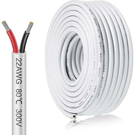 Câble électrique 2 x 0,3 mm² - 6,1 m - 22 AWG - Câble électrique à 2 fils - 5 V/12 V/24 V - Blanc - Câble de terre en cuivre étamé - 300 V - Flexible et souple - Résistance aux températures élevées (1/5)