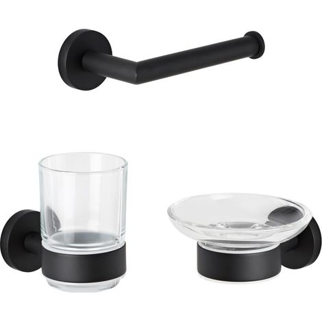 Milano Nero 3 Piece Bathroom Accessory Set with Toilet Roll Holder Tumbler and Soap Dish - Black (1/3)