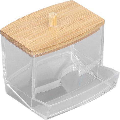 Coffret de rangement bijoux et pinceaux, boîte transparente à couvercle bambou pour cotons-tiges et disques démaquillants, pot de bureau multifonction. (1/5)
