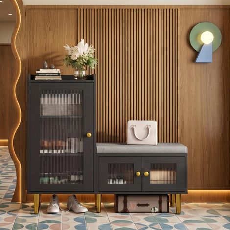 Meuble à Chaussures Scandinave en Bois avec Portes en Verre - 3 Compartiments, Étagères Réglables et Niche Ouverte - dispositif anti-basculement - Noir (1/5)