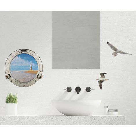Sticker décoratif, photo d'un hublot trompe l'oeil vu sur le bord de mer avec un phare , 68 cm X 48 cm (1/3)