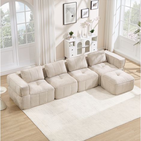 Divano angolare modulare 4 posti 344x162x67 cm con pouf, seduta profonda, poliestere beige (1/5)