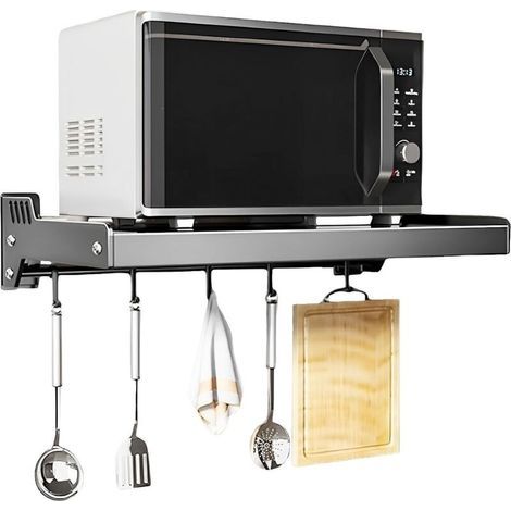 Wall-mounted microwave oven shelf, stainless steel pot rack with sliding hooks (grey hook) (1/4)