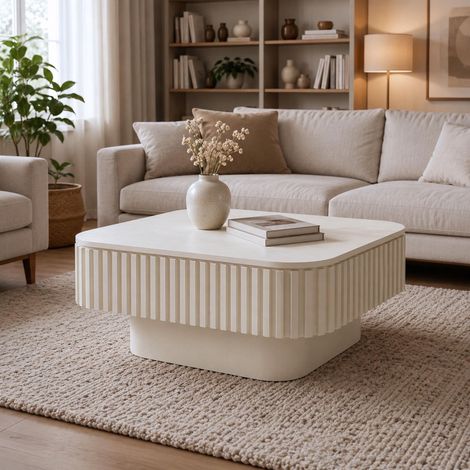 Table basse - 75 x 75 x 35 cm - avec coffre de rangement caché, plateau amovible style moderne en mdf plaqué bois - crème (1/5)