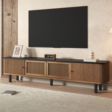 Meuble Tv 190x35x45 cm, avec 2 portes coulissantes, 1 porte grillagée et poignées en fer noir, en MDF, marron clair (1/5)