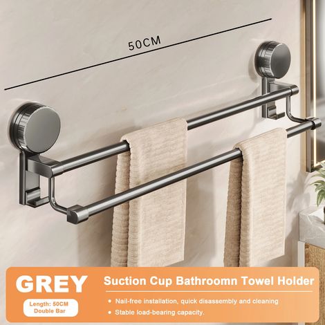Porte-serviettes mural à ventouses (gris, 2 barres, 50 cm) - Fixation sans perçage - 30 barres - Double barre à 2 niveaux - Idéal pour appartement (1/5)