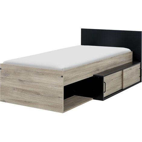 Lit enfant avec rangement - Decor Chene Kronberg clair et Noir - 90 x 200 cm - ERQUY (1/4)