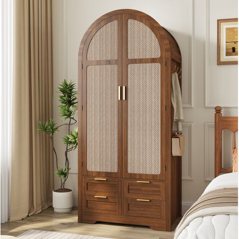 Armadio 80x50x180 cm in MDF e rattan color noce, 4 cassetti per camera – MEUBLIV (1/5)