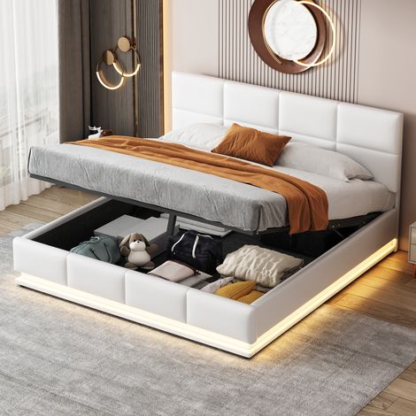 MEUBLIV Lit 160x200 cm blanc – LED, tête de lit réglable et rangement hydraulique, sans matelas (1/5)