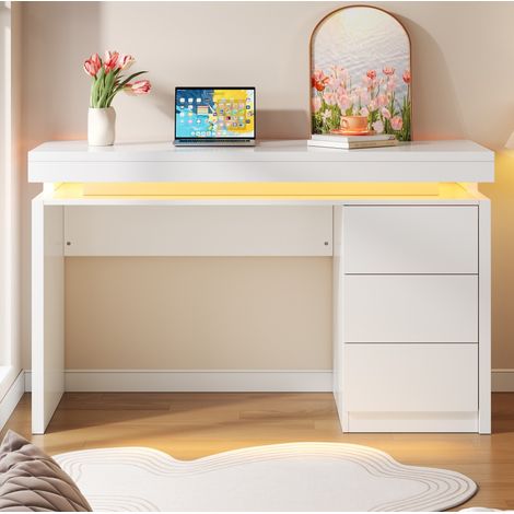 Scrivania LED moderna 120×50×78,5 cm con 3 cassetti, MDF bianco opaco, REDOM (1/5)