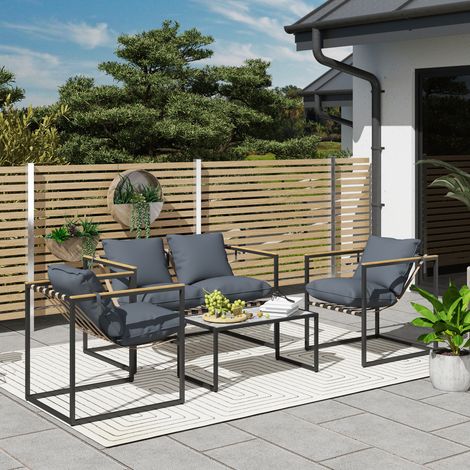 Ensemble de mobilier de jardin 4 pièces. comprenant 2 fauteuils. un canapé 2 places et une table. revêtu de tissu d'ameublement en acier et polyester gris. (1/5)
