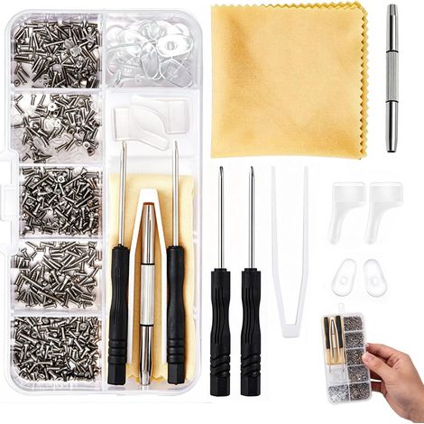 500 Pièces Réparation Lunettes : Vis Inox, Tournevis Opticien, Plaquettes Silicone, Crochets, Pincettes, 3 Micro-tournevis, Chiffon Microfibre — Pour Lunettes De Vue, Solaires, Sans Monture (1/5)