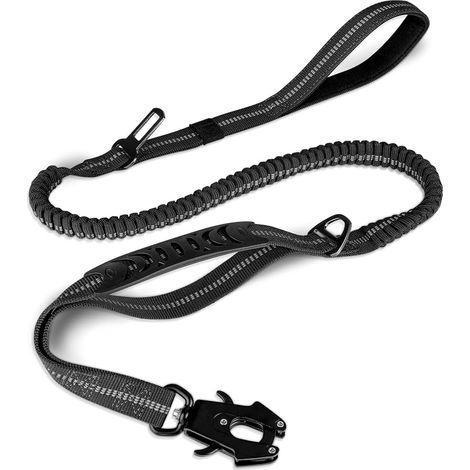 Laisse Tactique Chien Anti-Traction, Ceinture Sécurité Voiture Bungee amortit les à-coups, 2 poignées promenade + vélo, mousqueton alu 360°, réfléchissant nuit, chiens moyens à XL, Noir (1/5)