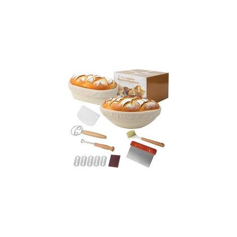 Juego de 10 cestas redondas para pan de 23 cm + 25 cm de diámetro. Cestas ovaladas para fermentación de pan. Cestas de ratán natural tejidas a mano con espátula y brocha de aceite.