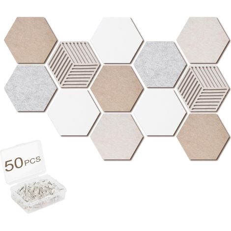 Tableau de Liège Hexagonal, 12 Pièces Tableaux d'Affichage Mural Autocollant avec 50 Punaises, Panneau Liege Mural Affichage Photo Vision Board pour Notes, Photos, Publicité (1/5)