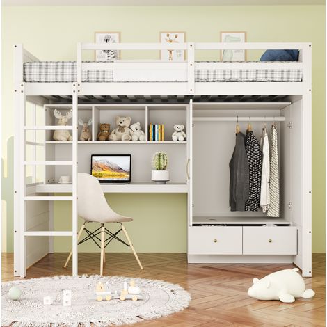 Letto a soppalco 90/200 cm bianco in legno con scrivania, armadio e cassetti (1/5)