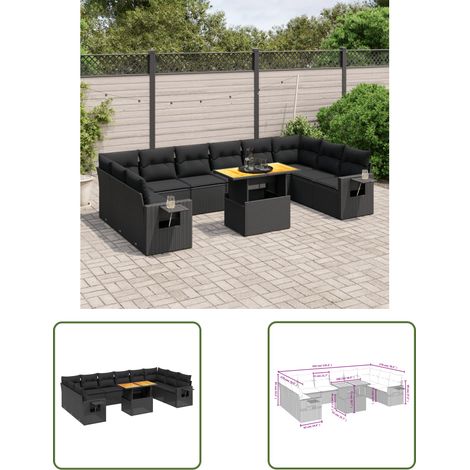 The Living Store Salon de jardin 11 pcs avec coussins noir résine tressée - Ensemble Salon De Jardin - Meuble Extérieur - Résine Tressée - Rotin Synthétique - Table Extensible (1/3)