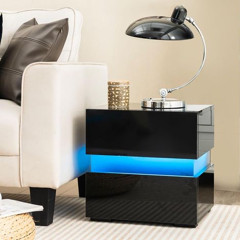 Costway – Table de chevet LED 2 tiroirs – Panneaux acryliques noirs – 22 modes d'éclairage – 5 niveaux de luminosité – Dimensions 45 x 35 x 45 cm (1/5)