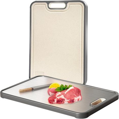 Tagliere in acciaio inox, fibra di grano naturale e acciaio inox, con raccoglitore di liquidi, manico antiscivolo, lavabile in lavastoviglie. (1/5)