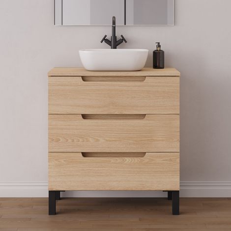 Meuble de salle de bain 70cm avec plateau et vasque à poser arrondie - sans miroir - 3 tiroirs - roble era (chêne clair) - RIZA (1/5)