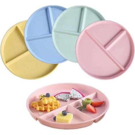 23CM Lot de 4 Assiette Plate Incassable avec 3 Compartiments Assiette à Dîner Divisée Assiette pour Enfants Familiale Séparée (1/4)