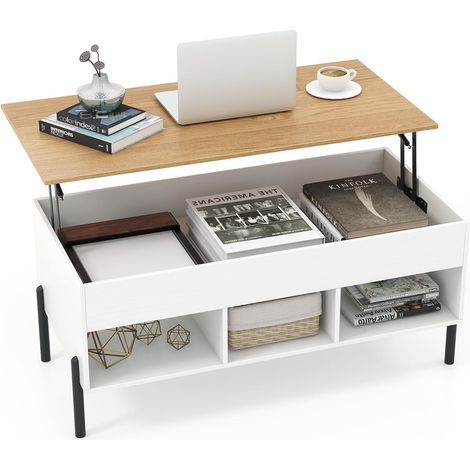 COSTWAY Table Basse Relevable avec 3 Compartiments et Rangement Caché, Table Basse Salon à Pieds en Métal avec Levage Pneumatique, pour Salon, Bureau, Chambre, 100 x 50 x 45 cm (Blanc) (1/5)