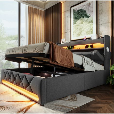 Lit coffre 140x200 avec LED et USB en lin gris HAVRYA (1/5)