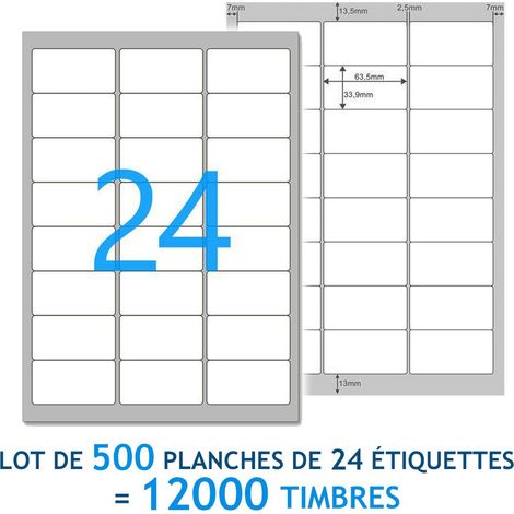 Lot de 500 Planches A4 de 24 étiquettes multi-usages 6,35 x 3,39 cm - spéciales TIMBRE