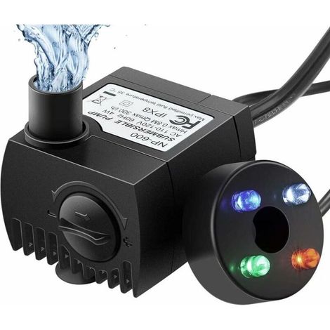 Pompe d\\'aquarium avec 4 lumières LED colorées, pompe à eau 300L / H résiste à la combustion à sec (48 heures), pompe d\\'étang pour aquarium, étang, fontaine, jardin Pas de bruit (1/5)