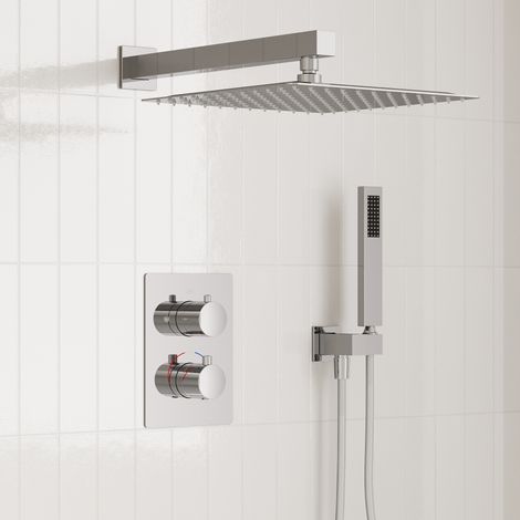 EVERSTEIN Duschsystem Chrom Regendusche Thermostat 38 Grad Unterputz 2 Funktionen 12 Zoll Kopfbrause Handbrause Messingkörper 40 cm Duscharm G1/2 150 cm Brauseschlauch Badezimmer