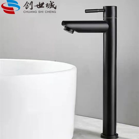 Foreign trade cross-border e-commerce stainless steel tall basin faucet with single cold water spout - black straight spout single cold water tall model