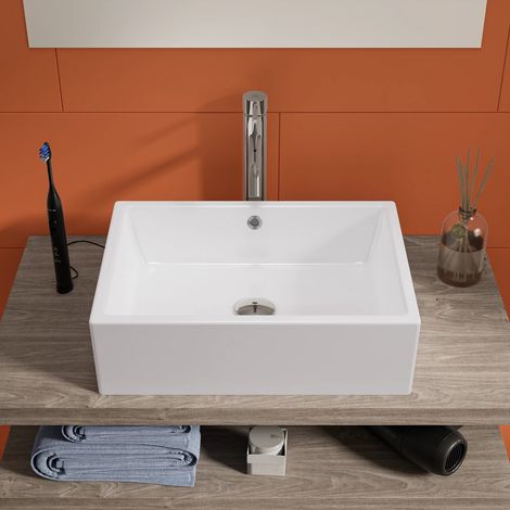 Lavabo à poser rectangulaire avec trop plein 51 5x36x15 cm Blanc (1/4)