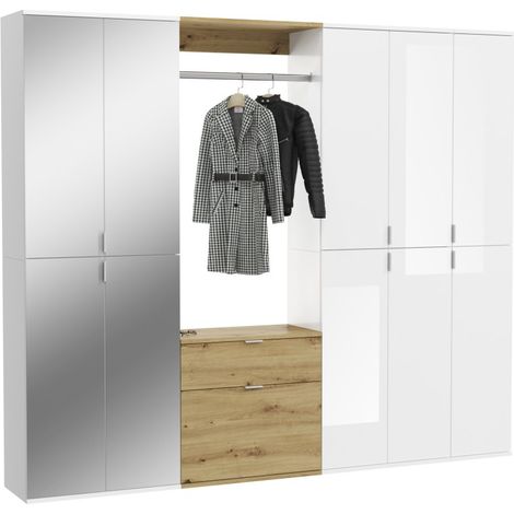 Armario de almacenamiento 10 puertas, 4 espejos, 2 cajones y un armario ropero – Blanco y roble – BODITE