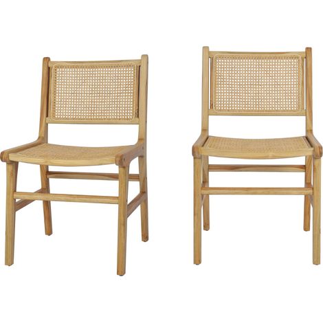Drawer – Lot de 2 chaises en teck massif et cannage – Hauteur 88 cm – Largeur 51 cm – Style bohème pour salle à manger ou entrée (1/5)