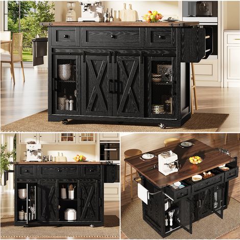 Îlot de cuisine mobile avec plan de travail extensible et prise électrique, Table de cuisine avec rangement, avec tiroirs, hauteur 91 cm, noir (1/5)