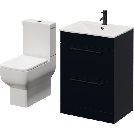 Napoli 460 Deep Blue 600mm 2 Drawer Vanity Unit and Tacoma Comfort Height Toilet Suite with Angel Basin - 600mm - Matt Black 320mm Handle