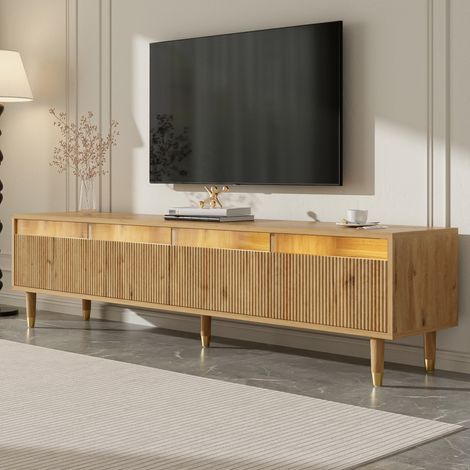 Meuble TV en bois massif et acrylique - 178x35x45 cm - Banc TV avec 4 tiroirs de rangement et passe-câbles - Moderne - Naturel (1/5)
